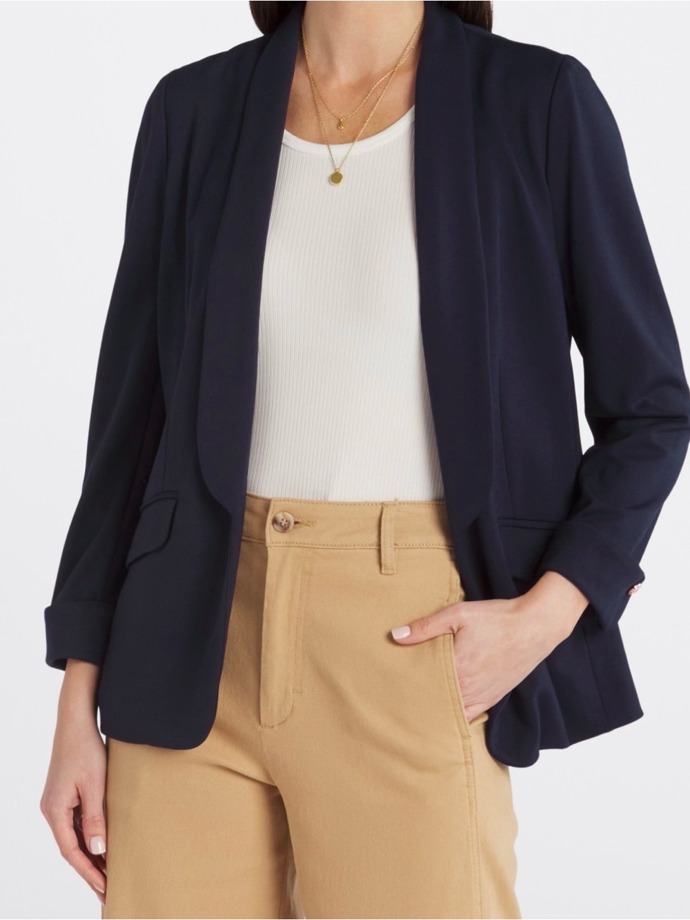 Skies Are Blue - Dark Navy Open-Front Blazer with Striped Lining, Size XL